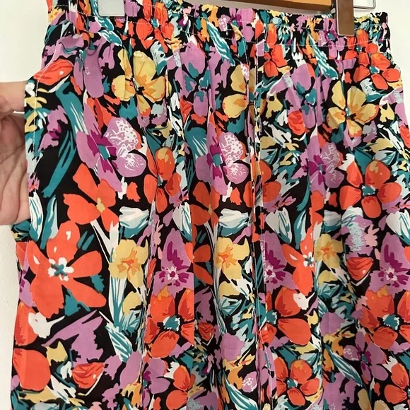 WITSMILE Floral Pleated Midi Skirt Elastic Waist A-Line with Pockets - Picture 4 of 8